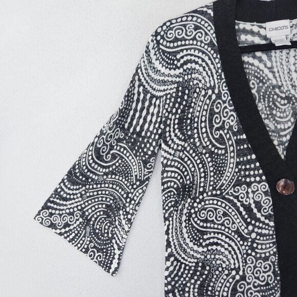 Chicos Sweater Women 0 Black White 4 3/4 Sleeve Cardigan Lightweight Linen Blend - Picture 3 of 11